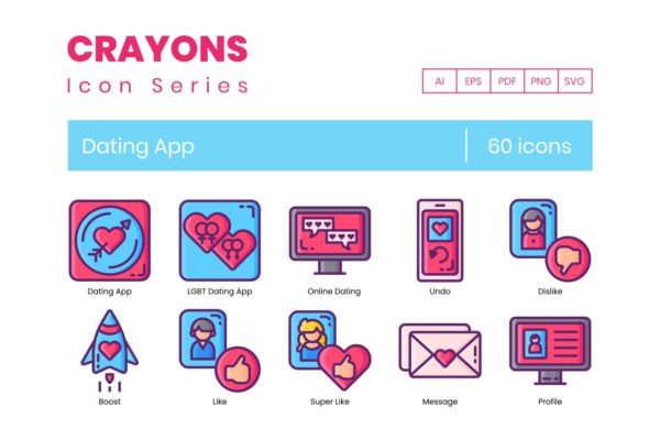 60枚约会主题APP矢量图标-蜡笔系列 60 Dating App Icons – Crayon Series