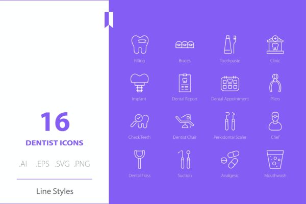 牙医元素线条样式图标素材 Dentist Icon Set Line Styles