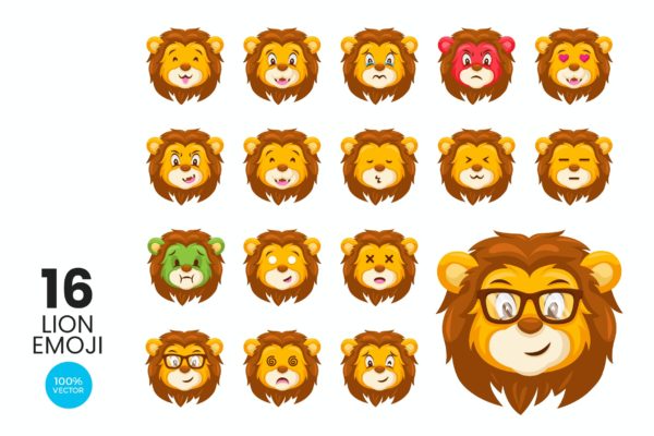 16个可爱的狮子头像表情符号矢量图标集 16 Cute Lion Avatar Emoji Vector Character Set