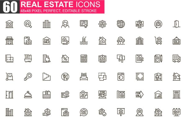 房地产主题细线图标素材包 Real Estate Thin Line Icons Pack