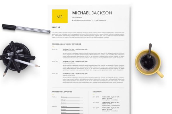 极简设计风格个人电子简历&介绍信设计模板 Minimal Resume And Cover Letter With Yellow Acsen