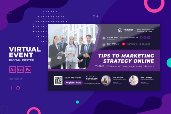 在线营销策略商业活动数字海报传单设计模板v1 Business Virtual Event Digital Poster Flyer