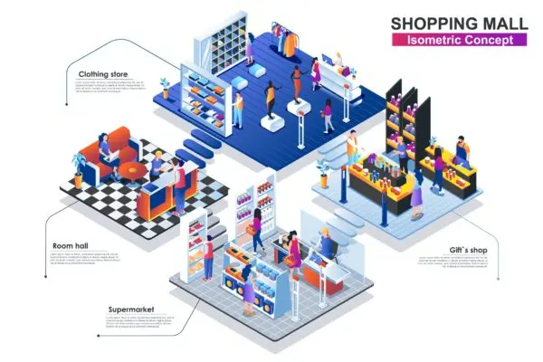 购物中心概念3D等距场景插画矢量素材 Shopping Mall Interior 3D Isometric Concept