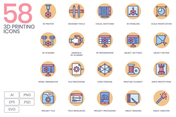 黄油糖系列-58枚3D打印主题矢量图标 58 3D Printing Icons – Butterscotch Series