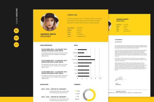 简约黄&白配色设计师个人简历模板 Clean Resume