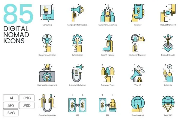 Aqua系列-85个数字游牧民族矢量图标 85 Digital Nomad Icons | Aqua Series