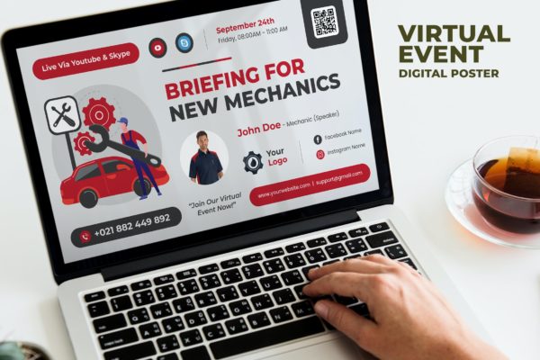 修理工在线培训活动数字海报设计模板 Mechanic / Online Training Event Digital Poster Fl