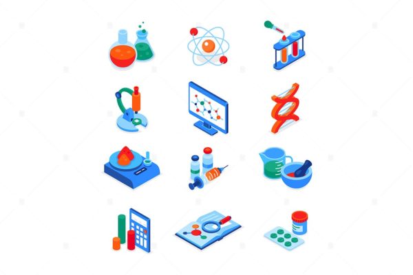 科学&医学主题多彩等距图标素材 Science and medicine – colorful isometric icons