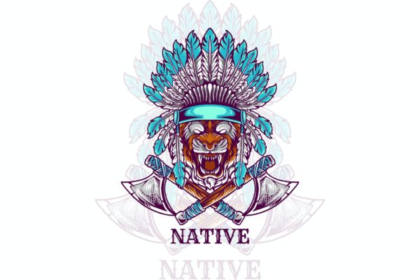 印第安羽冠老虎动物头部插画 tiger head indian native illustration