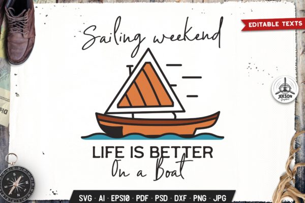 帆船徽章矢量复古图形Logo设计模板 Sailing Weekend Badge Vector Retro Graphic Logo
