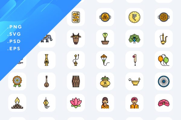 50枚印度纪念日主题彩色图标矢量素材 50 Independence Day India Icons