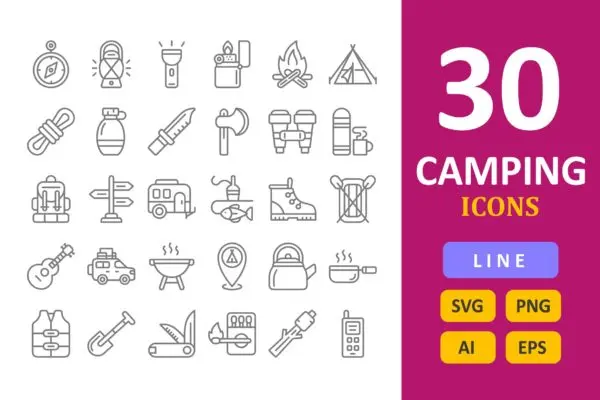 30个露营主题线条图标素材 30 Camping Icons – Line