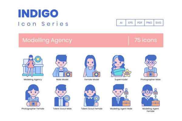 75枚模特公司主题矢量图标 75 Modelling Agency Icons – Indigo Series