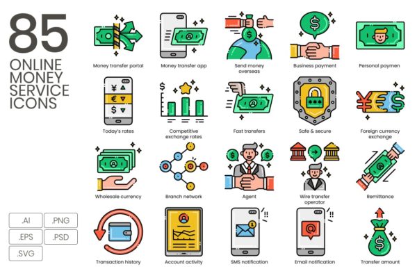85枚网上货币服务主题矢量线条图标 85 Online Money Services Line Icons