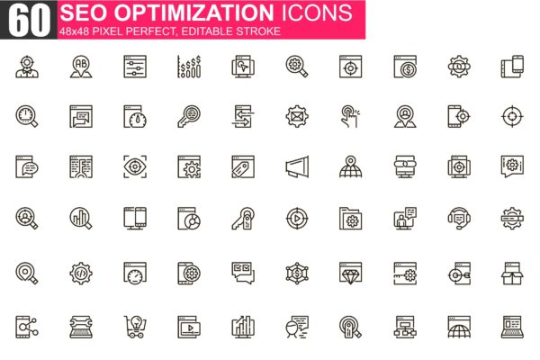 SEO搜索引擎优化主题细线图标素材包 SEO Optimization Thin Line Icons Pack
