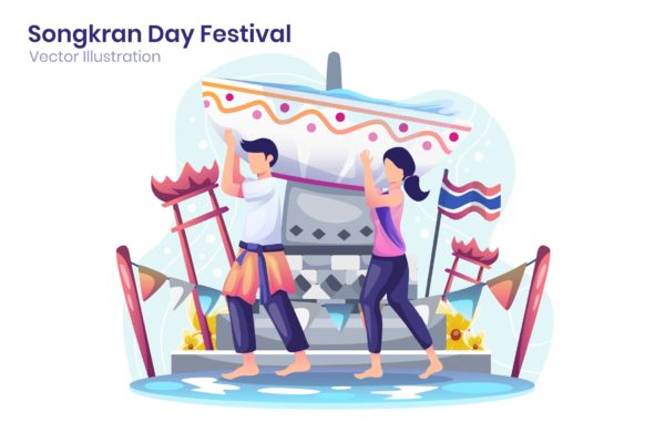 泼水节概念扁平化插画矢量模板v2 Songkran Festival Flat Illustration – Agnytemp
