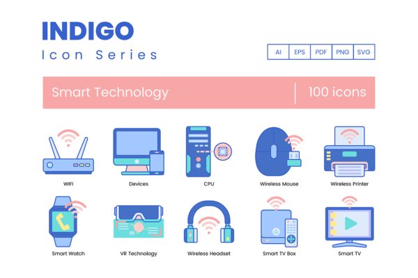 靛蓝系列-100个AI智能技术矢量图标 100 Smart Technology Icons – Indigo Series