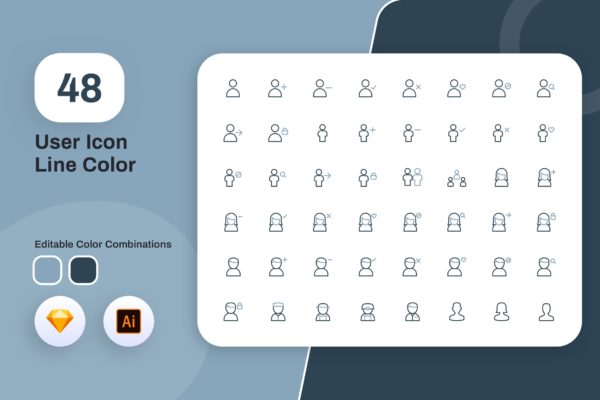 48枚用户头像矢量线性图标 User Icon Line Color
