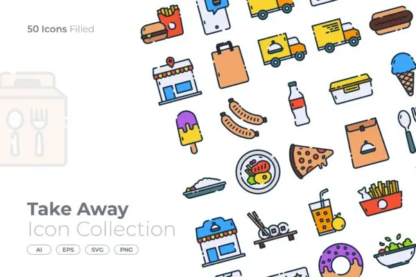 餐饮配送主题填充矢量图标合集 Take Away Filled Icon