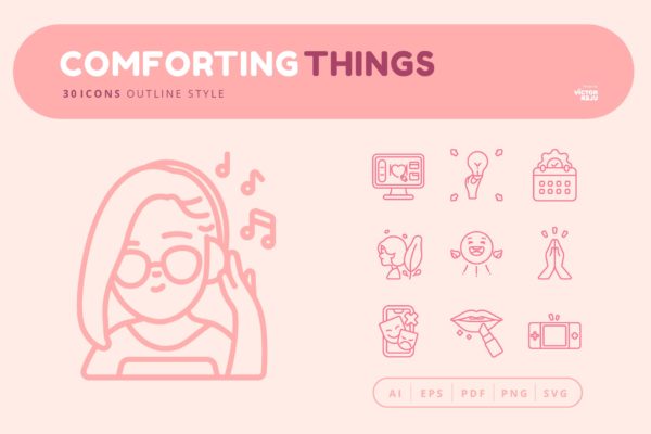 30个安慰&生活主题轮廓图标素材 30 Icons Comforting Things Outline Style