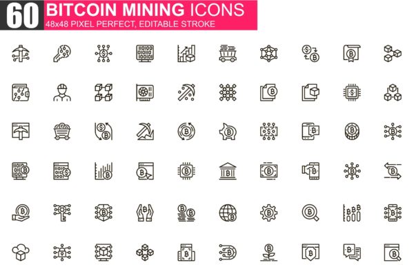 比特币挖矿主题细线图标素材包 Bitcoin Mining Thin Line Icons Pack