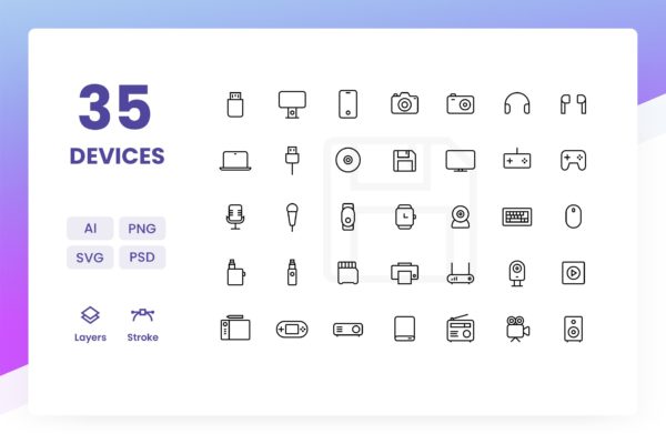 35枚办公设备矢量线性图标素材 Devices – Icons Pack