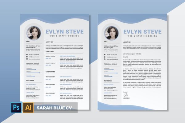 两列式蓝色风格设计师简历模板 Sarah Blue | CV & Resume