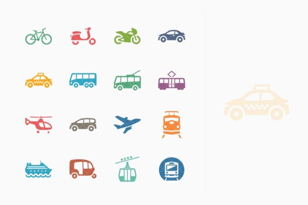 彩色系列-交通运输工具矢量图标集 Transportation Icons – Colored Series