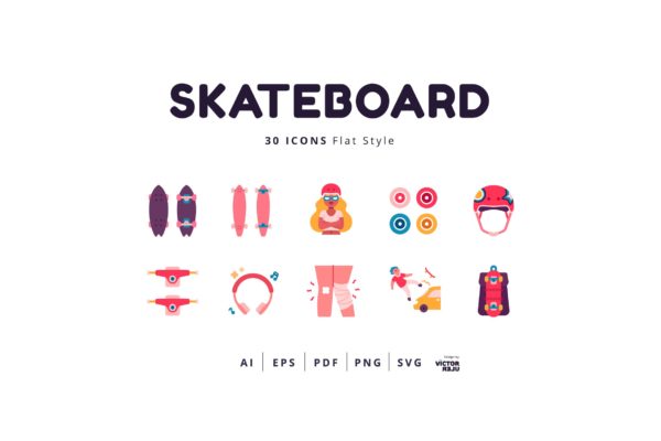 30个滑板运动扁平化图标素材 30 Icons Skateboard Flat Style
