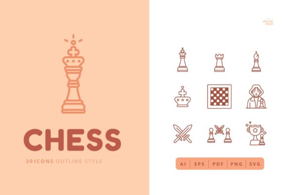 30枚国际象棋轮廓图标矢量素材 30 Icons CHESS Outline Style