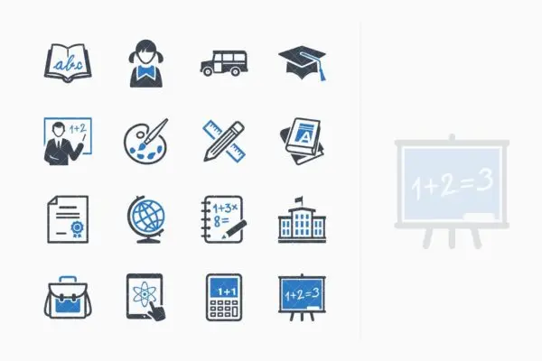 蓝色系列-教育主题矢量图标集v1 Education Icons Set 1 – Blue Series