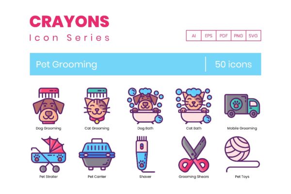 50个宠物美容线条图标集 50 Pet Grooming Line Icons