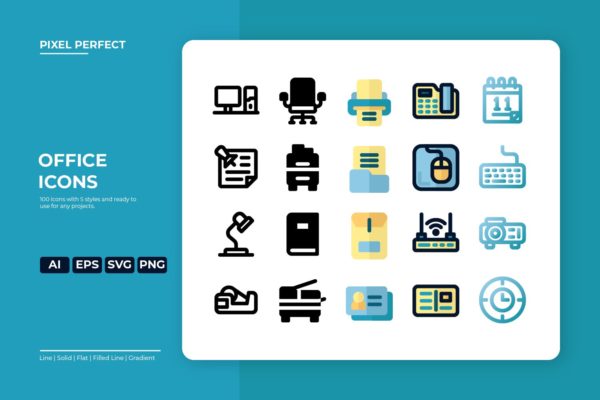 办公用具矢量图标-5种风格 Office Icon – 5 Styles
