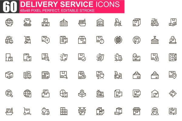 送货服务主题细线图标素材包 Delivery Service Thin Line Icons Pack