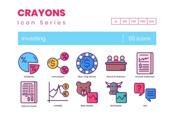 蜡笔系列-理财投资主题矢量图标 Investing Icons | Crayon Series