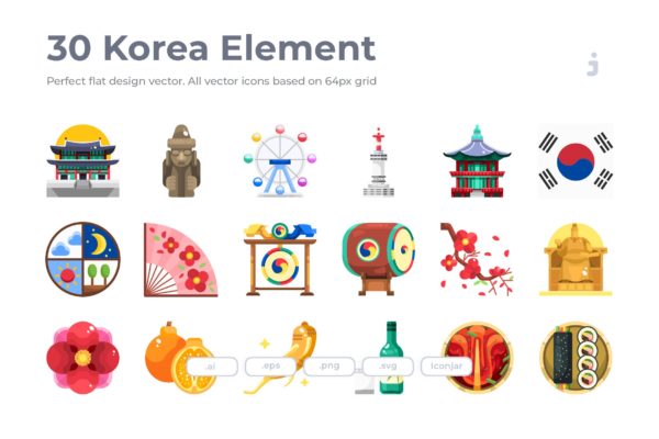 30枚韩国民族元素扁平化设计图标 30 Korea Element Icons – Flat