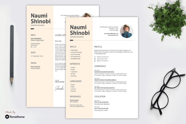 时尚服装首席设计师个人简历表设计模板 Naumi Shinobi – Fashion Resume Template YR