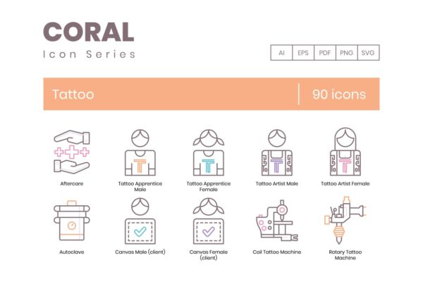 90个纹身线条图标矢量素材 90 Tattoo Line Icons