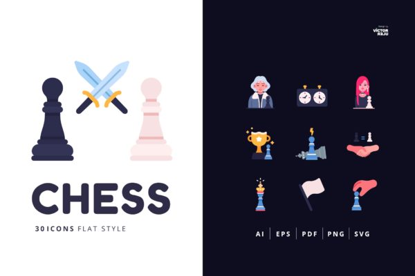 30枚国际象棋扁平化图标矢量素材 30 Icons CHESS Flat Style