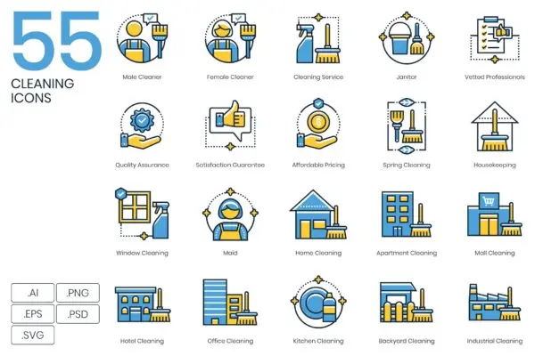 动力学系列-55枚清洁保洁主题矢量图标 55 Cleaning Icons | Kinetic Series