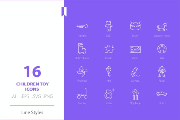 儿童玩具线条样式图标素材 Children Toys Icon Set Line Styles
