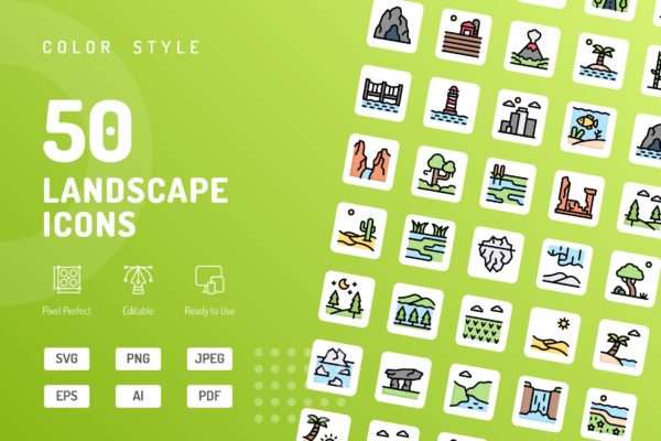 景观元素彩色图标素材 Landscape Color Icons