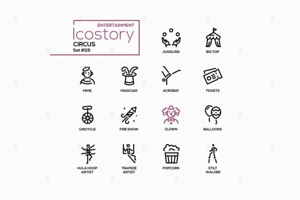 马戏团主题现代矢量线条风格图标 Circus – modern vector line design style icons