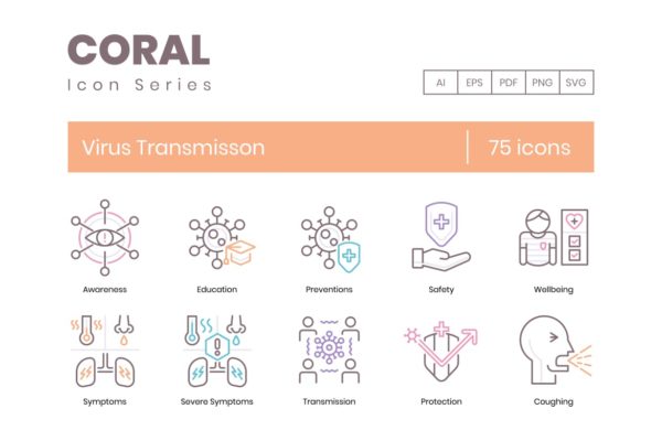 75枚冠状病毒/流行病毒防治主题矢量图标 75 Virus Transmission Icons – Coral Series