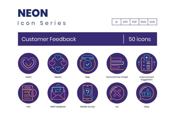 霓虹灯系列-50枚客户反馈主题矢量图标 50 Customer Feedback Icons – Neon Series