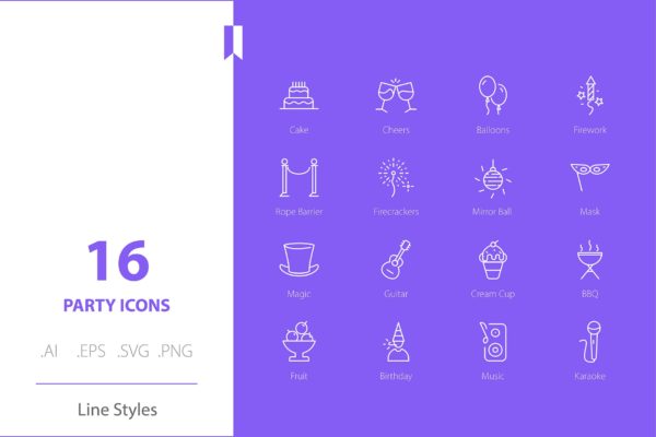 派对元素线条样式图标素材 Party Icon Set Line Styles