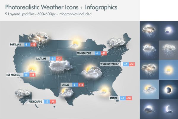 逼真天气预报主题图标素材 Photo Realistic Weather Icon Set