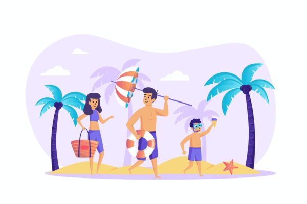 家庭海滩度假场景UI插画矢量图素材 Family at Beach Summer Vacation Scene