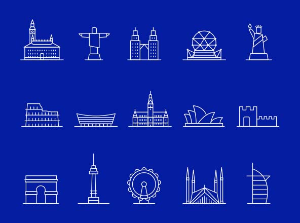 世界各地著名地标矢量线性图标v1 Landmark Icons Part 01