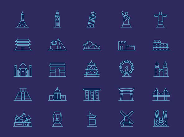 25枚世界各地著名地标图形矢量图标 25 Vector Landmark Icons